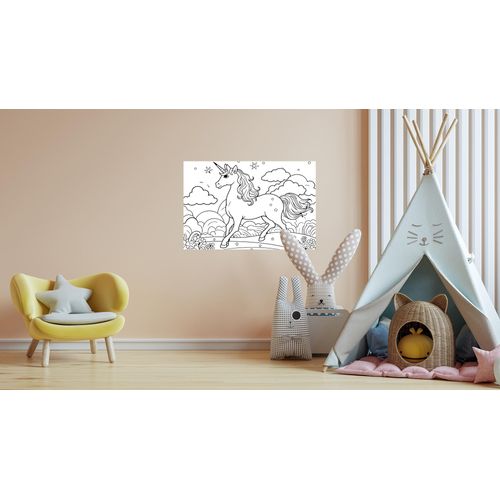 4067437121438 - Wandsticker QUEENCE Einhorn auf Blumenwiese weiß B90cm H60cm Vinyl Wandtattoos DIY-Wandsticker zum Bemalen