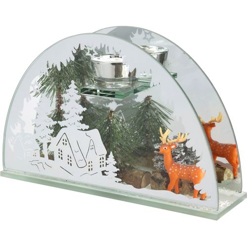 4019844771317 - Teelichthalter IGEA Weihnachtsdeko Kerzenhalter Deko-Objekt Kerzenhalter Gr B H T 25 cm x 15 cm x 7 cm farblos (transparent) Windlichter Laternen aus Spiegelglas mit Hirsch-Deko in Winterlandschaft Höhe ca 15 cm
