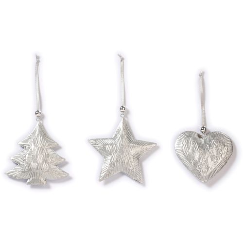 4061752081545 - Baumbehang Herz Stern Baum Weihnachtsdeko Christbaumschmuck silber (silberfarben) H9cm Metall CHRISTMAS GOODS BY INGE Dekohänger 3-fach sortiert silberfarben