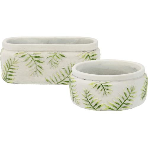 4019844780500 - Übertopf IGEA Übertöpfe grün (weiß grün) B21cm H9cm Keramik Pflanzgefäße Zementschale mit Blatt-Motiv 2er Set Übertopf