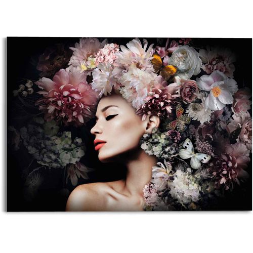 8714597611984 - Glasbild REINDERS Glasbild Frau mit Blumenhut - Schmetterling Strauß Romantik Bilder Gr B H 70 cm x 50 cm Menschen 1 St bunt (mehrfarbig) Glasbilder