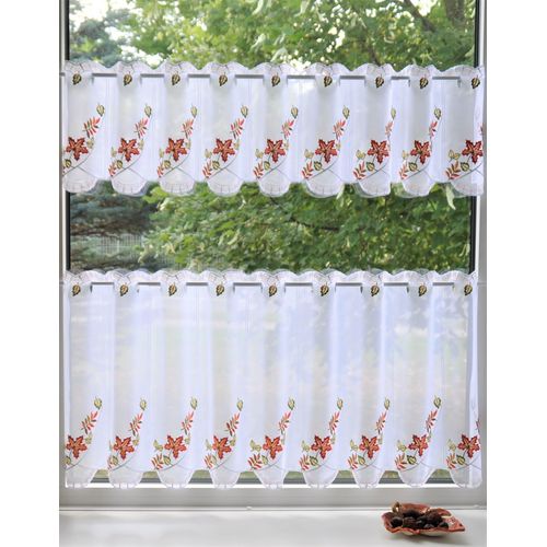 4028298311369 - Panneaux STICKEREIEN PLAUEN Herbstblätter Gr 1 bunt (rot gelb weiß) B95cm H30cm Voile Polyester Gardinen Kurzgardine Herbstblätter