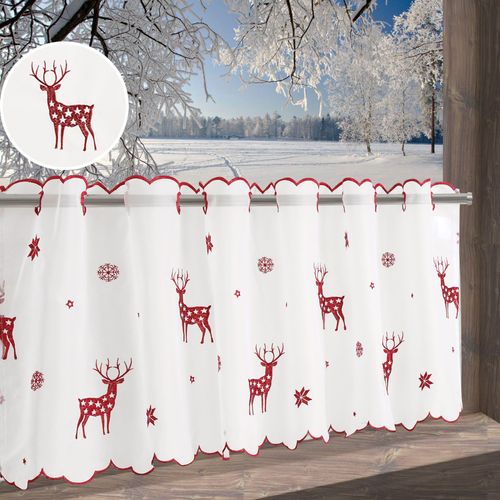 4068222604549 - Scheibengardine MY HOME Elch Gr 1 rot B90cm H30cm Voile Polyester Gardinen Mit Rentieren Sternen und Schneeflocken bestickt
