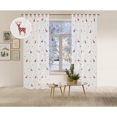 4068222604532 - Gardine MY HOME Elch Gr 4 rot B140cm H245cm Voile Polyester Gardinen 1 Schal Mit Rentieren Sternen und Schneeflocken bestickt