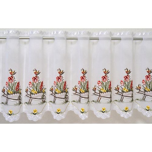 4028298290930 - Scheibengardine STICKEREIEN PLAUEN Schubkarre Gr 2 weiß B128cm H40cm Voile Polyester Gardinen veredelt mit echter Plauener Spitze Stickerei