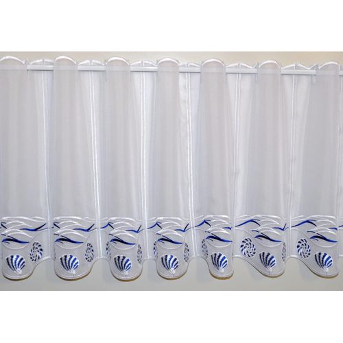 4028298295706 - Scheibengardine STICKEREIEN PLAUEN Muscheln Gr 1 weiß (weiß blau) B95cm H40cm Voile Polyester Gardinen