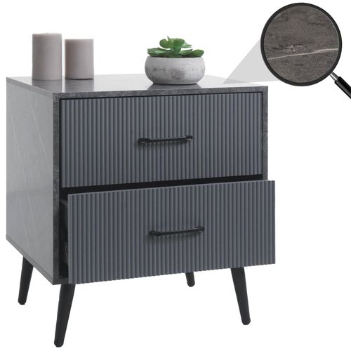 4057651879512 - Nachttisch MCW-N89 Kommode Beistelltisch Nachtschrank 3D-Design Schublade Melamin Holz 55x48x41cm ~ Marmor-Optik grau