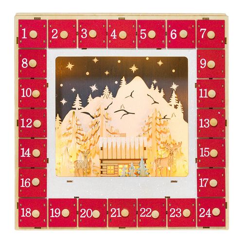 0052226769520 - Adventskalender zum Befüllen 24 Schubladen Fächer Weihnachtskalender mit LED-Lichtern Adventskalenderbox Weihnachtsdekoration DIY MDF 34 x 7 x 34 cm Rot