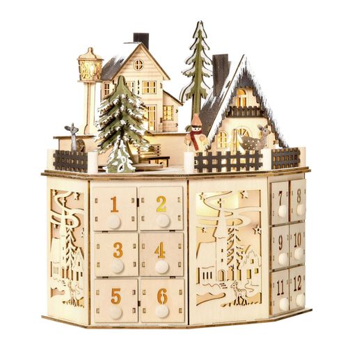 0012536984815 - Weihnachts-Adventskalender Mit 24 Zugkästen Weihnachtskalender Mit Led-Lichtern Adventskalenderbox Sperrholz-Platte Naturholz 25 X 20 X 29 Cm