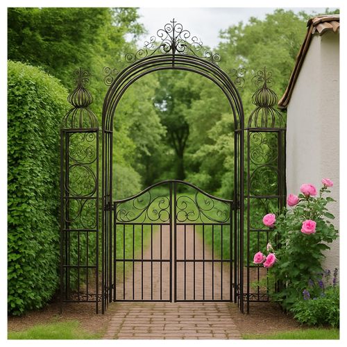 4255701939708 - Torbogen aus Metall mit Tür stilvolle Gartenarchitektur für Kletterpflanzen