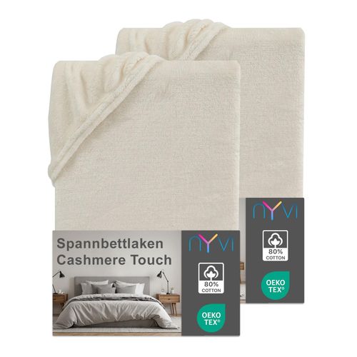 4255636640106 - NYVI Spannbettlaken DreamScience Cashmere Touch Spannbetttuch - Kuschelweiches & Wärmendes Bettlaken für Matratzenhöhe bis zu 22 cm Farbenatur Größe180x200 - 200x200 cm (2er Pack)