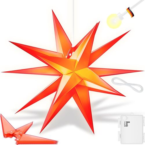 4260751948228 - KESSER® Leuchtstern 3D LED Weihnachtsstern mit Timer für innen und außen Adventsstern Beleuchtet hängend Stern + Warmweiß Licht Rot   mit Timer   35cm