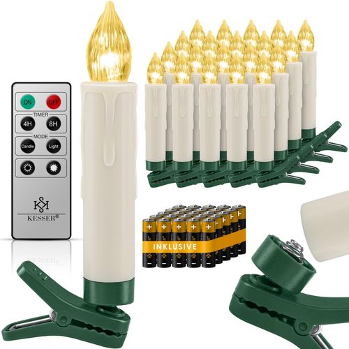 4260663281833 - KESSER® Weihnachtsbaumkerzen 20 LED Inkl Batterien Kabellos - Warmweiß - mit Fernbedienung Funk - Timerfunktion - Flackern - Dimmbar Weihnachtskerzen Christbaumkerzen Befestigungsklammern Kerzen