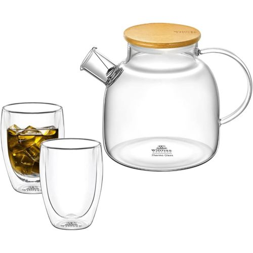 8682455437949 - Wilmax Teekanne 12L mit Bambusdeckel & 2 Teegläser 400 ml – Hitzebeständiges Teeset
