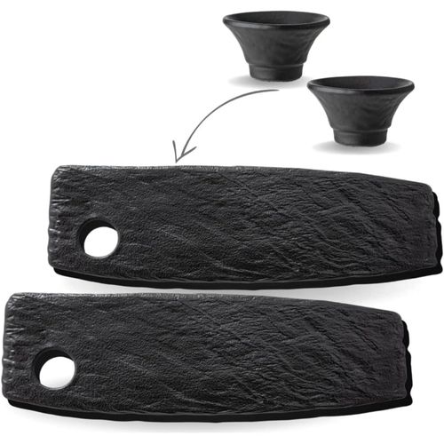 8682455435921 - Servierplatte mit Soßenschüssel - 42 cm - Schwarz - Natursteinoptik - 2er Set
