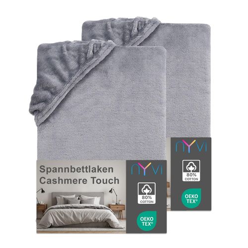4255636639988 - NYVI Spannbettlaken DreamScience Cashmere Touch Spannbetttuch - Kuschelweiches & Wärmendes Bettlaken für Matratzenhöhe bis zu 22 cm Farbegrau Größe90x200 - 100x200 cm (2er Pack)