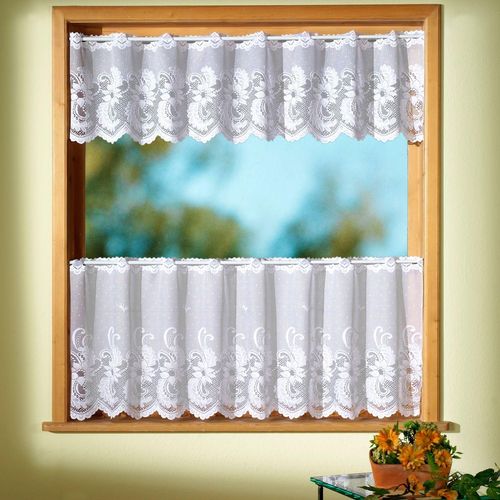 4005385824414 - Scheibengardine WECKBRODT Flensburg Set Gr 7 weiß B95cm H50cm Jacquard Polyester Gardinen Bistro Jacquardstrukturiert floral Bordüre gebogt Gardine Store