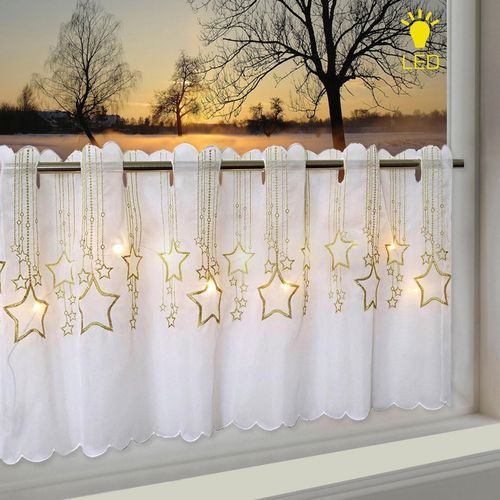 4022236350182 - Scheibengardine DELINDO LIFESTYLE STERNENREGEN Gr 1 gold (weiß goldfarben) B115cm H45cm Microfaser Polyester Gardinen HxB 45x115 mit LED-Beleuchtung