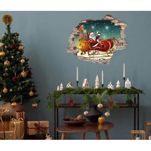 4067437116465 - 3D-Wandtattoo QUEENCE Weihnachtmann mit Geschenken im Schlitten rot B60cm H50cm T03cm Vinyl Wandtattoos selbstklebender Wandsticker Weihnachten