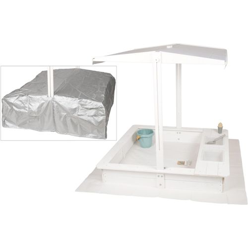 4065827310080 - WONDERMAKE® Design Sandkasten mit Matschküche Dach Abdeckung OXFORD 420D Vliesfolie Sandkiste Holz quadratisch verschließbar Outdoor Garten für Kinder weiß silber