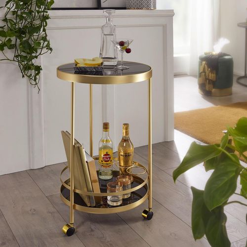 4250950292963 - Design Servierwagen Gold Rund ø 45cm 2 Ebenen Beistelltisch auf Rollen mit Glasplatte Schwarz Speisewagen Küchenwagen Teewagen - Finebuy 4250950292963 - Design Servierwagen Gold Rund ø 45cm 2 Ebenen Beistelltisch auf Rollen mit Glasplatte Schwarz Speisewagen Küchenwagen Teewagen - Finebuy