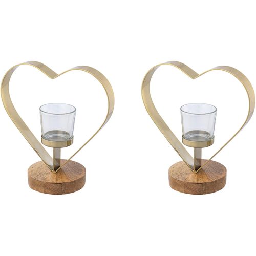 4064118141785 - Teelichthalter CREATIV HOME Kerzenhalter Herz beige (champagnerfarben) B20cm H20cm T10cm Edelstahl Glas Massivholz Kerzenhalter aus Holz Edelstahl und Glas