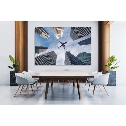 4067437130362 - XXL-Wandbild QUEENCE Akustikbild Flugzeug Wolkenkratzer farbe bild(er) blau B90cm H60cm T25cm Polyester Bilder Einfache Akustiklösung ohne Baumaßnahme Schalldämmung Paneele