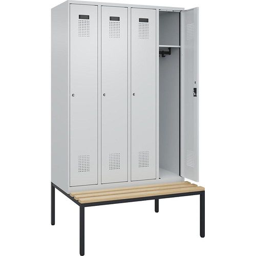 4068192281986 - Kleiderspind Evolo Plus 4 Abteile 300 mm Abteilbreite mit untergebauter Sitzbank B 1200 x T 815 x H 2120 mm Zylinder lichtgrau lichtgrau 4068192281986 - Kleiderspind Evolo Plus 4 Abteile 300 mm Abteilbreite mit untergebauter Sitzbank B 1200 x T 815 x H 2120 mm Zylinder lichtgrau lichtgrau