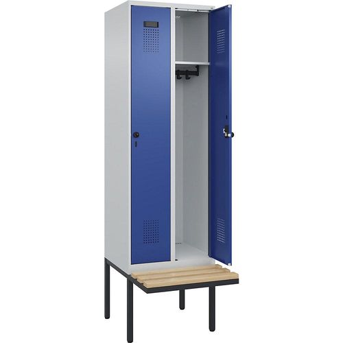 4068192155799 - Spind Evolo PLUS Sitzbank 2 Abteile lichtgrau   enzianblau B 600 mm Sicherheits-Drehriegel mit auskragender Sitzbank Buche kaiserkraft