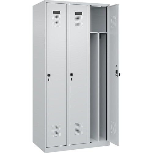 4067521939925 - Schwarz-Weiß-Spind Evolo PLUS schmal 3 Abteile Trennwand verkürzt lichtgrau B 900 mm mit Bodengleitern Sicherheits-Drehriegel kaiserkraft