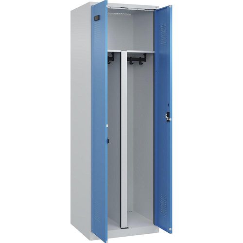 4067521975138 - Schwarz-Weiß-Spind Evolo PLUS 1 Abteil Trennwand verkürzt lichtgrau   lichtblau B 600 mm mit Bodengleitern Zylinderschloss kaiserkraft