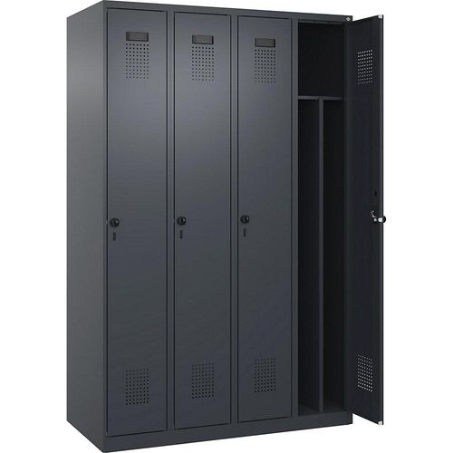 4067521943502 - Schwarz-Weiß-Spind Evolo PLUS schmal 4 Abteile Trennwand verkürzt grau B 1200 mm mit Bodengleitern Sicherheits-Drehriegel kaiserkraft 4067521943502 - Schwarz-Weiß-Spind Evolo PLUS schmal 4 Abteile Trennwand verkürzt grau B 1200 mm mit Bodengleitern Sicherheits-Drehriegel kaiserkraft