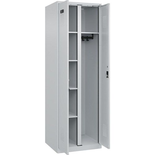 4067521997536 - Putzmittelspind Evolo PLUS 1 Abteil Trennwand mittig lichtgrau B 600 mm mit Bodengleitern Zylinderschloss kaiserkraft