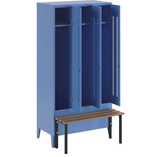 4250618234250 - Kleiderspind mit vorgebauter Bank Lochblech-Türen Abteilbreite 300 mm 3 Abteile lichtblau