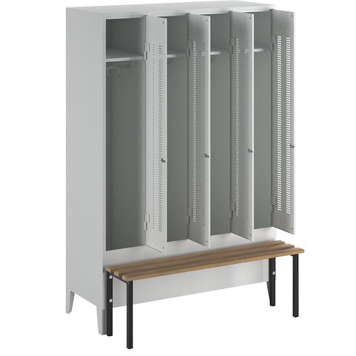 4250618234465 - Kleiderspind mit vorgebauter Bank Lochblech-Türen Abteilbreite 300 mm 4 Abteile lichtgrau 4250618234465 - Kleiderspind mit vorgebauter Bank Lochblech-Türen Abteilbreite 300 mm 4 Abteile lichtgrau
