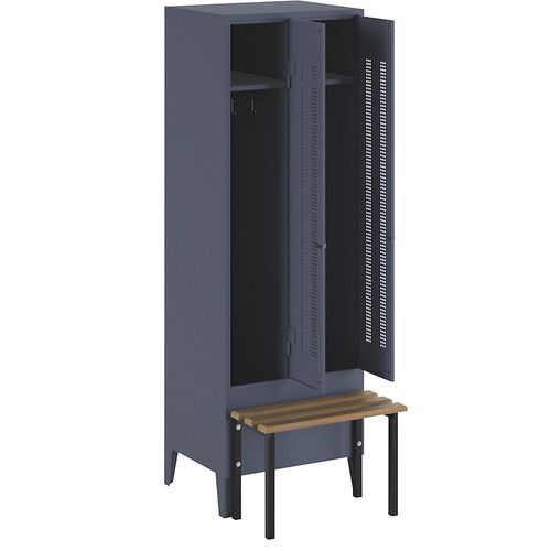4250618234045 - Kleiderspind mit vorgebauter Bank Lochblech-Türen Abteilbreite 300 mm 2 Abteile blaugrau