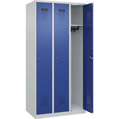 4067521973882 - Spind Evolo PLUS 3 Abteile lichtgrau   enzianblau B 900 mm mit Bodengleitern Zylinderschloss