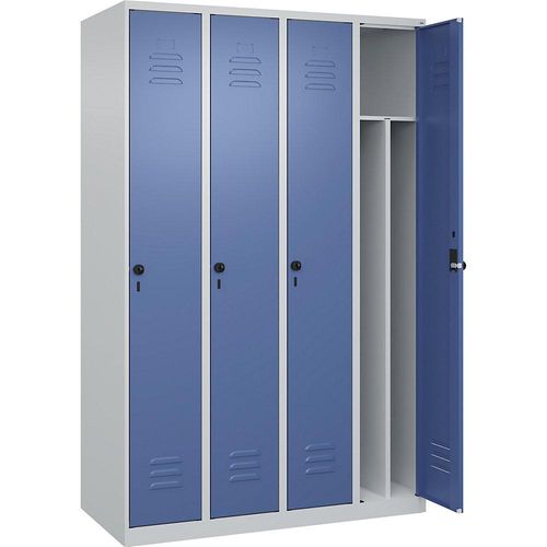 4067521329160 - Schwarz-Weiß-Spind Classic PLUS schmal 4 Abteile Trennwand verkürzt lichtgrau fernblau B 1200 mm mit Bodengleitern Drehriegel Trennwand mittig C+P 4067521329160 - Schwarz-Weiß-Spind Classic PLUS schmal 4 Abteile Trennwand verkürzt lichtgrau fernblau B 1200 mm mit Bodengleitern Drehriegel Trennwand mittig C+P