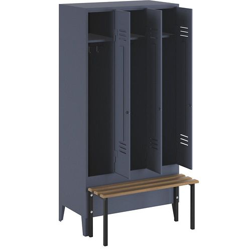 4250618230535 - Kleiderspind mit vorgebauter Bank Vollwand-Türen Abteilbreite 300 mm 3 Abteile blaugrau