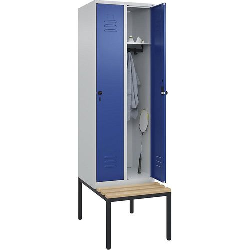 4066681743670 - Spind Classic PLUS Sitzbank 2 Abteile lichtgrau   enzianblau B 600 mm Sicherheits-Drehriegel untergebaut Buche-Hartholz C+P