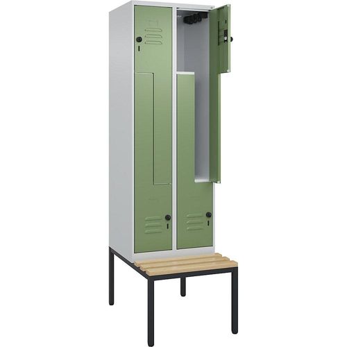 4067521118238 - Z-Spind Classic PLUS Sitzbank 2 Abteile lichtgrau   resedagrün B 600 mm Sicherheits-Drehriegel untergebaut Buche-Hartholz C+P