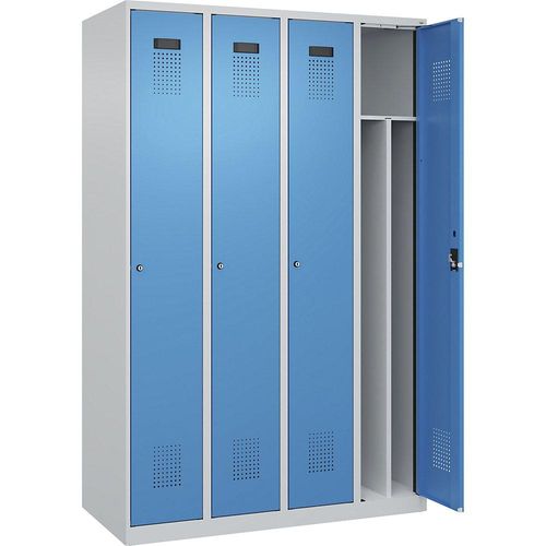 4067521975107 - Schwarz-Weiß-Spind Evolo PLUS schmal 4 Abteile Trennwand verkürzt lichtgrau lichtblau B 1200 mm mit Bodengleitern Zylinderschloss kaiserkraft 4067521975107 - Schwarz-Weiß-Spind Evolo PLUS schmal 4 Abteile Trennwand verkürzt lichtgrau lichtblau B 1200 mm mit Bodengleitern Zylinderschloss kaiserkraft