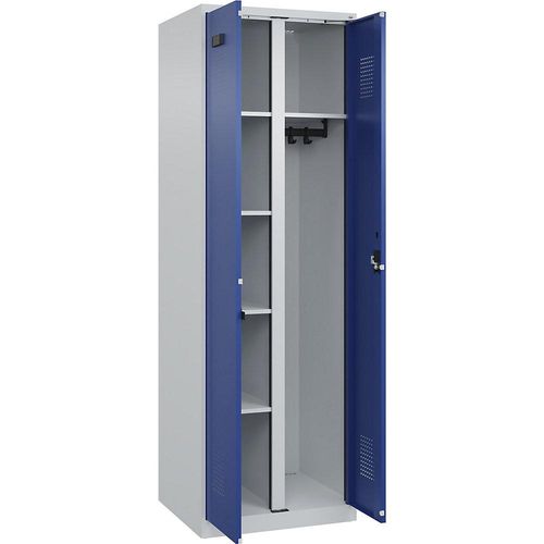 4067521974896 - Putzmittelspind Evolo PLUS 1 Abteil Trennwand mittig lichtgrau   enzianblau B 600 mm mit Bodengleitern Zylinderschloss kaiserkraft