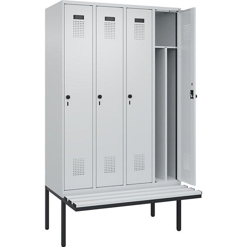 4068192365457 - Schwarz-Weiß-Spind Evolo PLUS Sitzbank schmal 4 Abteile Trennwand verkürzt lichtgrau   lichtgrau B 1200 mm Sicherheits-Drehriegel mit auskragender Sitzbank Kunststoff kaiserkraft