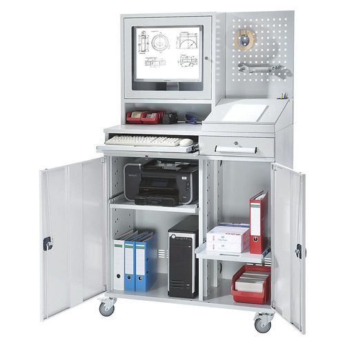 4061753033444 - eurokraft pro Computer-Arbeitsstation Stahlblech HxB 1770 x 1100 mm mit Monitorgehäuse Lochwand Pultaufsatz Türfarbe Lichtgrau