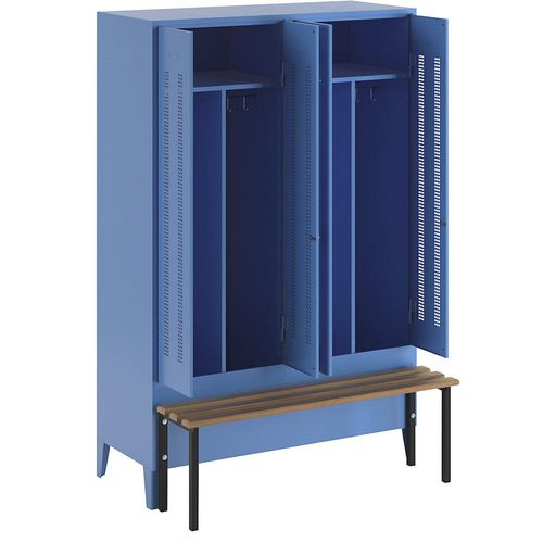 4250618234199 - Schwarz-Weiß-Spind Berlin 1 mit Sitzbank 2 Abteile lichtblau B 1200 mm vorgebaut Buchenholz Wolf