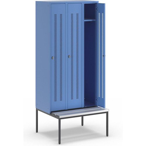 4250618235103 - Kleiderspind mit untergebauter Bank Lochblech-Türen Abteilbreite 300 mm 3 Abteile lichtblau