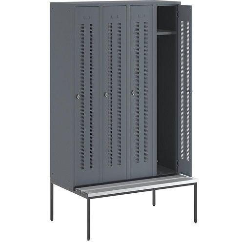 4250618235417 - Kleiderspind mit untergebauter Bank Lochblech-Türen Abteilbreite 300 mm 4 Abteile blaugrau