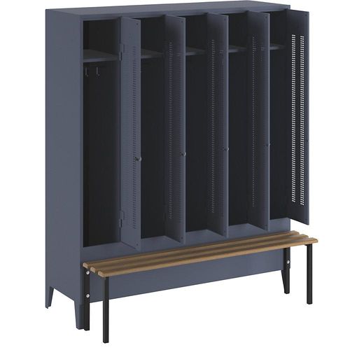 4250618234618 - Kleiderspind mit vorgebauter Bank Lochblech-Türen Abteilbreite 300 mm 5 Abteile blaugrau 4250618234618 - Kleiderspind mit vorgebauter Bank Lochblech-Türen Abteilbreite 300 mm 5 Abteile blaugrau