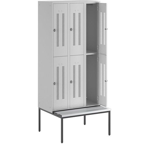 4250618236285 - Halbhoher Garderobenschrank mit Sitzbankuntergestell 300 mm 6 Fächer Lochblech lichtgrau
